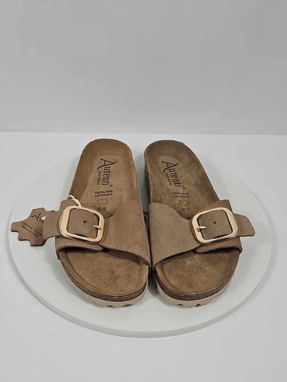 NWT Autenti Spain Leather Cork Footbed Buckle Slide Sandals Taupe 6.5 Vacation